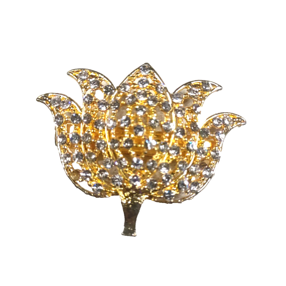 Tulip Shape Hair Barrette Tension Clip Bright Gold Tone Blue Rhinestone